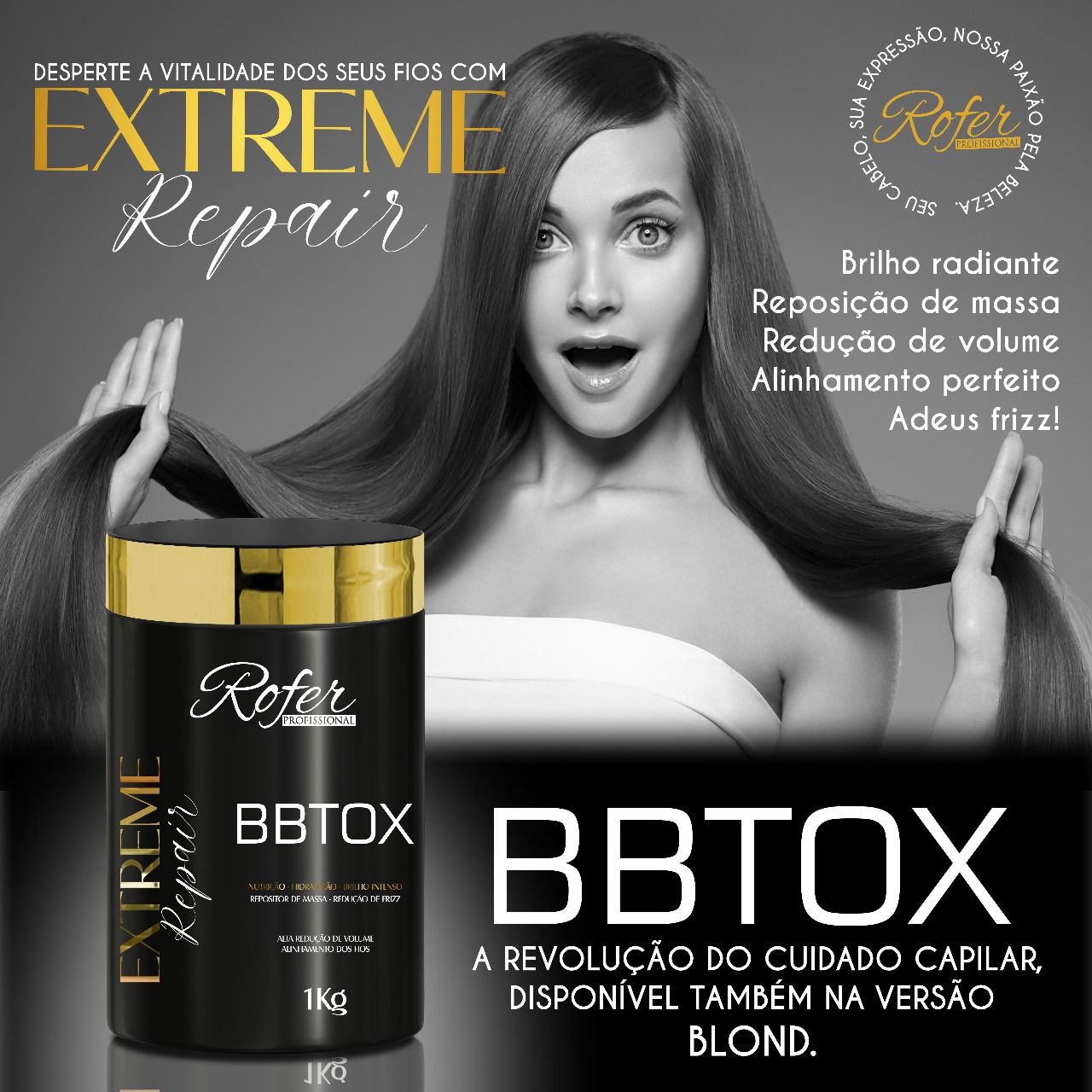 Experimente o BBtox 2 Steps Extreme Repair da Rofer para um tratamento intensivo que reduz o frizz, confere brilho radiante e alinha os fios. Ideal para um acabamento liso e blindado, disponível na versão Blond.